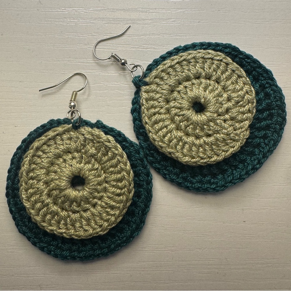 Handmade Green and Tan Crochet Earrings